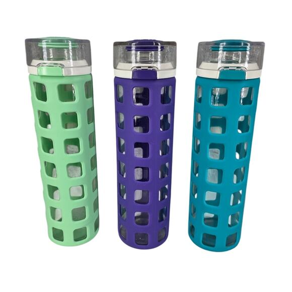 ELLO 3 SET GLASS WATER BOTTLES FLIP LID SILICONE SLEEVE 20OZ GREEN, TEAL, PURPLE - Picture 1 of 12
